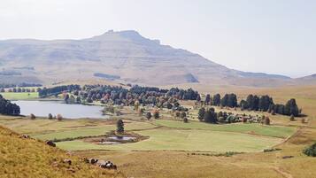 Une vue panoramique d’un paysage rural avec un lac, des collines ondoyantes et des arbres dispersés.