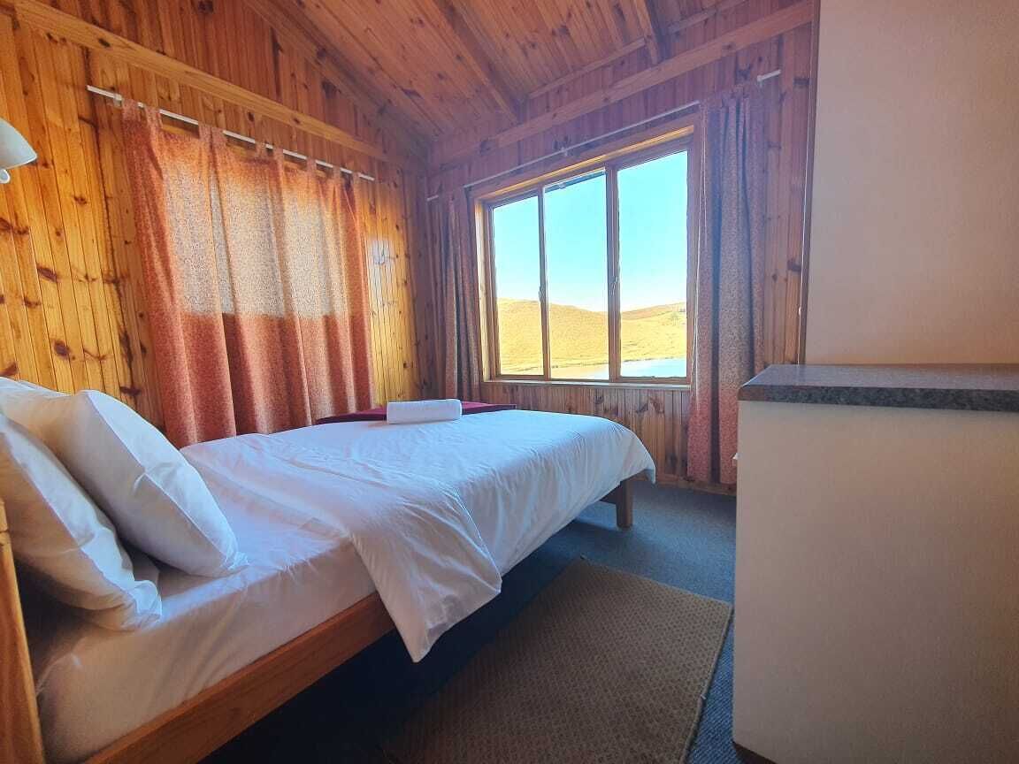 A wooden cabin room with a bed, a window with a view of the desert, and a refrigerator.