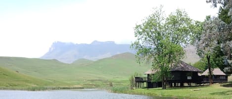 Um imóvel à beira do lago com uma cabana de madeira, margens gramadas e céu claro.
