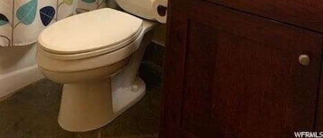 A bathroom with a toilet, a sink, a mirror, and a shower curtain with a leaf pattern.