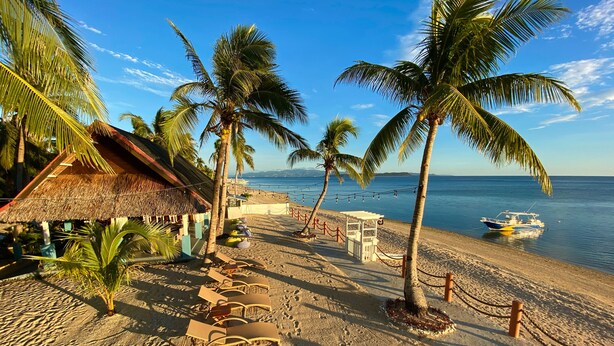 A beach resort with thatched-roof huts, palm trees, and a boat on the water. - Lanas Beach Resort - Carabao Island (Carabao Island)