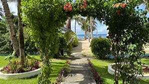 A pathway leading to a beach with palm trees and tropical plants. - Lanas Beach Resort - Carabao Island (Carabao Island)
