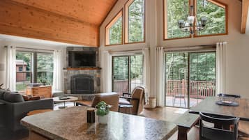 Smart TV, fireplace, foosball, books