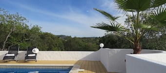 Hidden villa with pool and sea views, located in a green area.