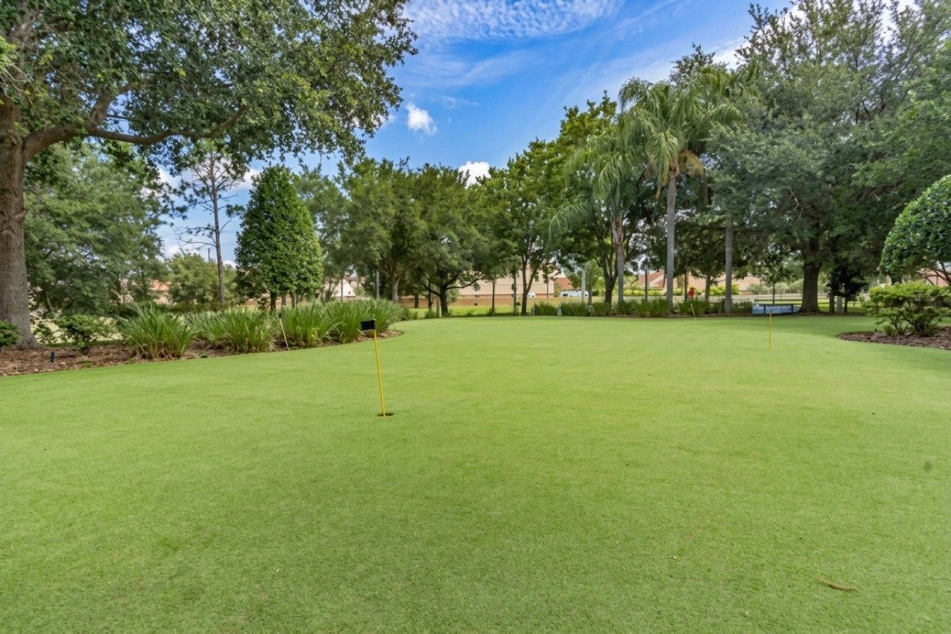Un campo de golf bien cuidado con un putting green, rodeado de diversos árboles y arbustos.
