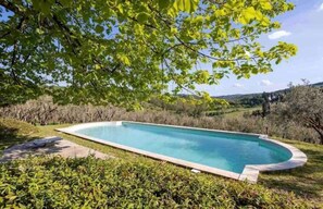 A rectangular swimming pool with a curved edge, surrounded by lush greenery and trees. - Painter's Garden (Toscana)