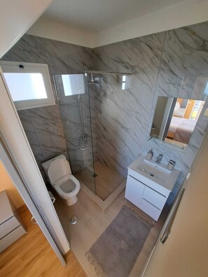 Shower, hair dryer, towels, toilet paper