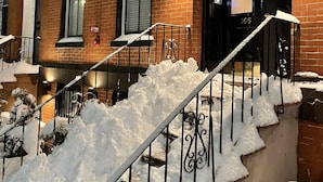 Un edificio in mattoni con una porta d'ingresso nera, un idrante e una scala coperta di neve.