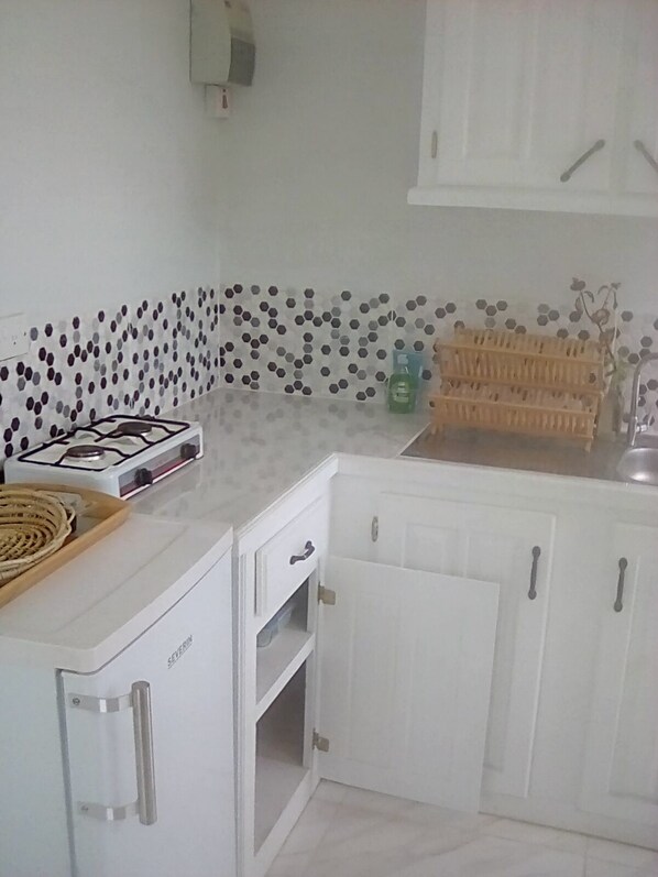 Fridge, microwave, stovetop, coffee/tea maker
