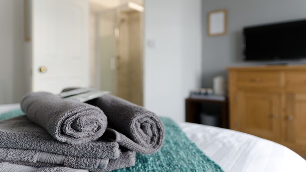 Una cama bien hecha con toallas enrolladas, un televisor sobre un mueble de madera y una puerta que da a otra habitación.