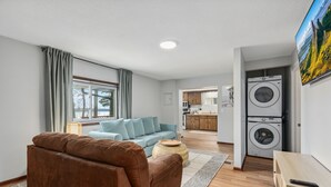 Un salon moderne avec un canapé marron, un divan bleu et un coin cuisine équipé d’un lave-linge.