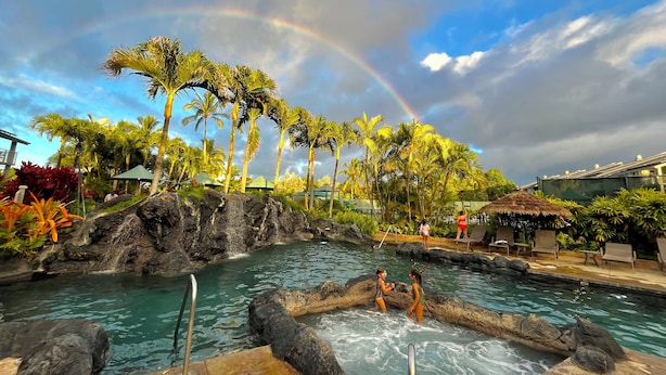 Un espace piscine agrémenté de plantes tropicales, d’un arc-en-ciel et d’une cascade.