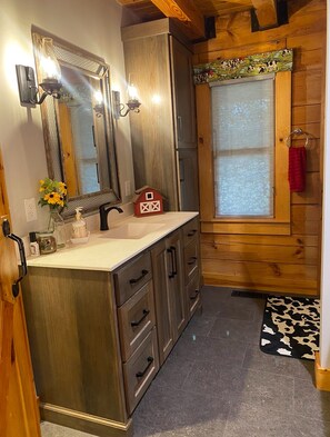 Hair dryer, towels, soap, shampoo