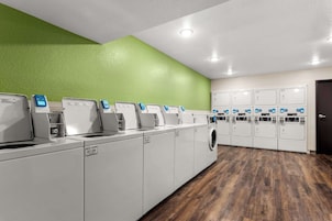 A laundry facility with multiple washing machines and dryers, a green wall, and a wooden floor.