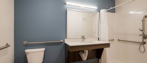 Une salle de bain avec des toilettes, un lavabo et une douche.