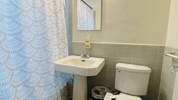 Hair dryer, towels, soap, toilet paper