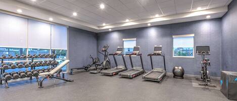 A gym with treadmills, dumbbells, and exercise balls.