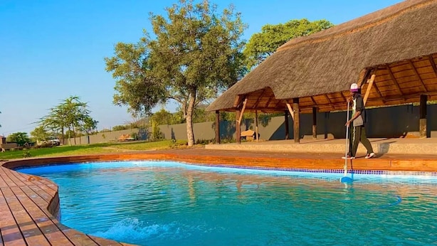 Una piscina con muelle de madera, rodeada de árboles y una estructura con techo de paja.