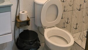 Une salle de bain équipée de toilettes, d’une douche, d’un lavabo et d’une poubelle.