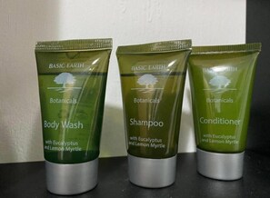 Hårføner, håndklær, såpe og sjampo