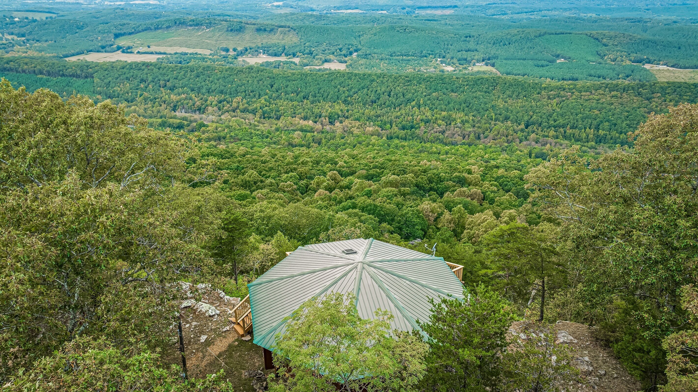 Una cabana amb un teulat verd envoltada per un bosc dens.