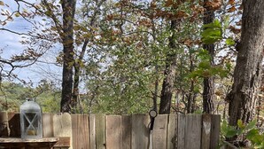 A wooden fence with a blue bucket and a white hose attached to it. - Cedar Springs Greenhouse (Decorah)