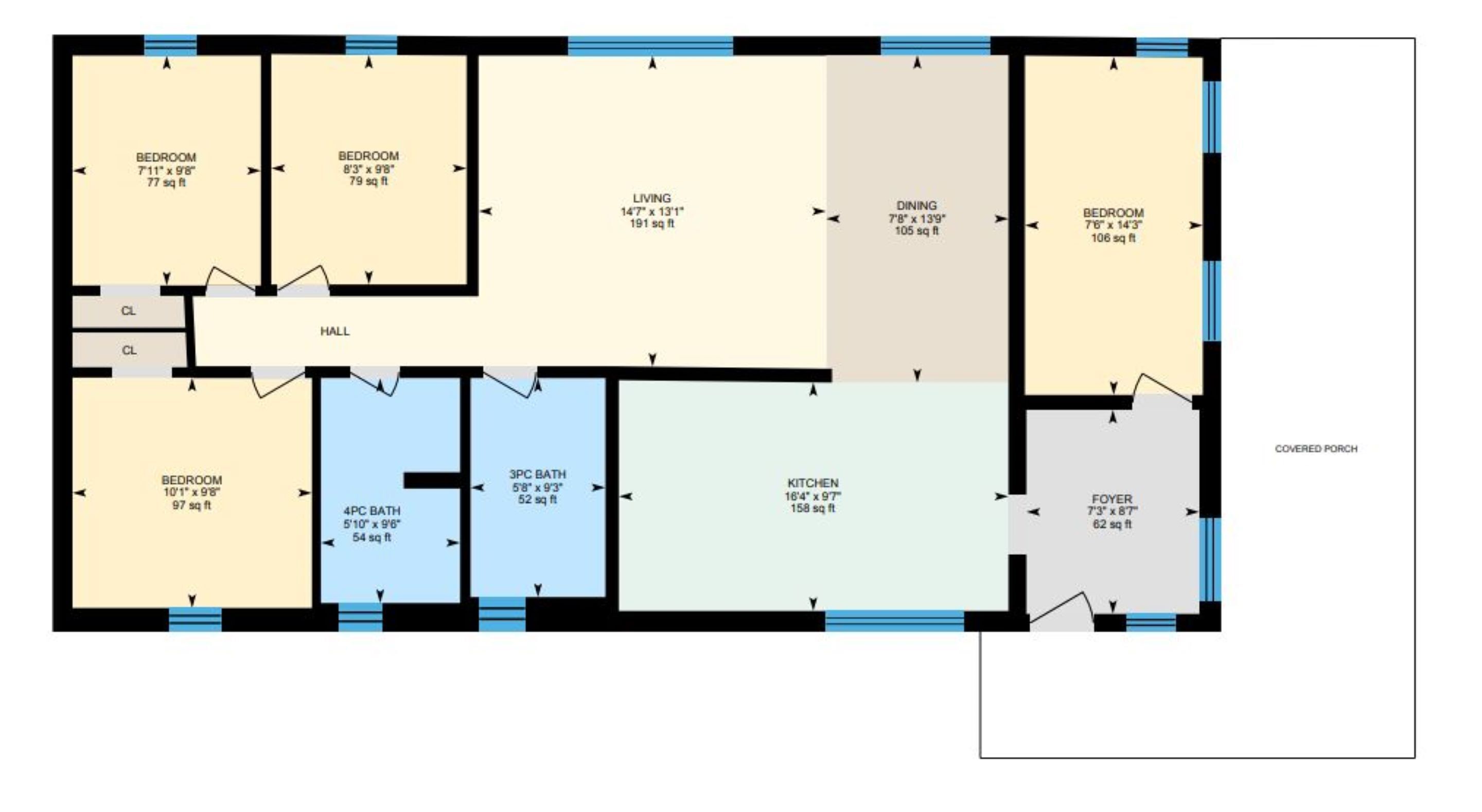 Plano de planta que muestra una sala de estar, comedor, cocina, dos dormitorios, un baño, un porche cubierto y un vestíbulo.