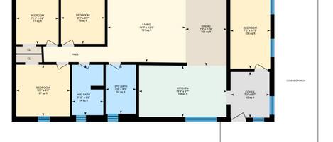 Plano de planta que muestra una sala de estar, comedor, cocina, dos dormitorios, un baño, un porche cubierto y un vestíbulo.