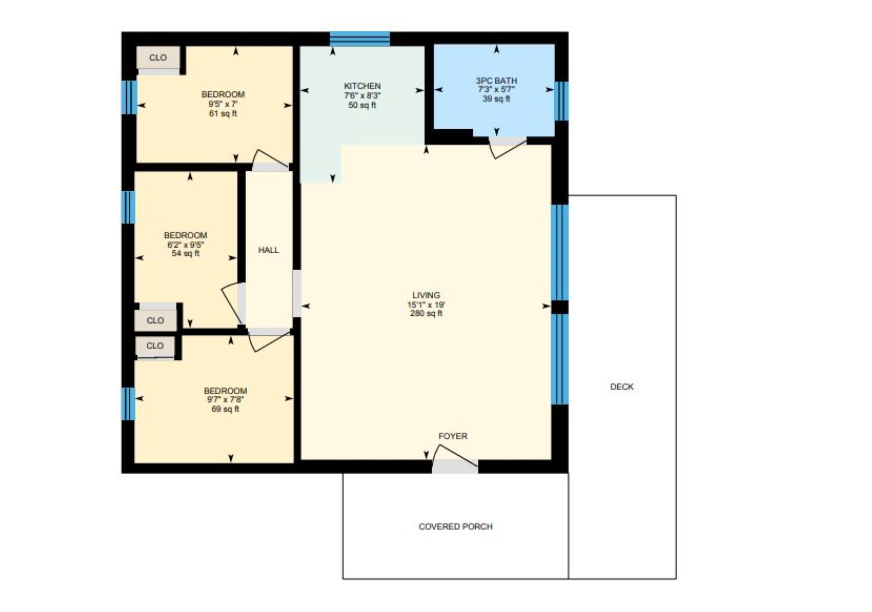 Een plattegrond met een woonkamer, keuken, twee slaapkamers, een badkamer, een overdekte veranda en een hal.