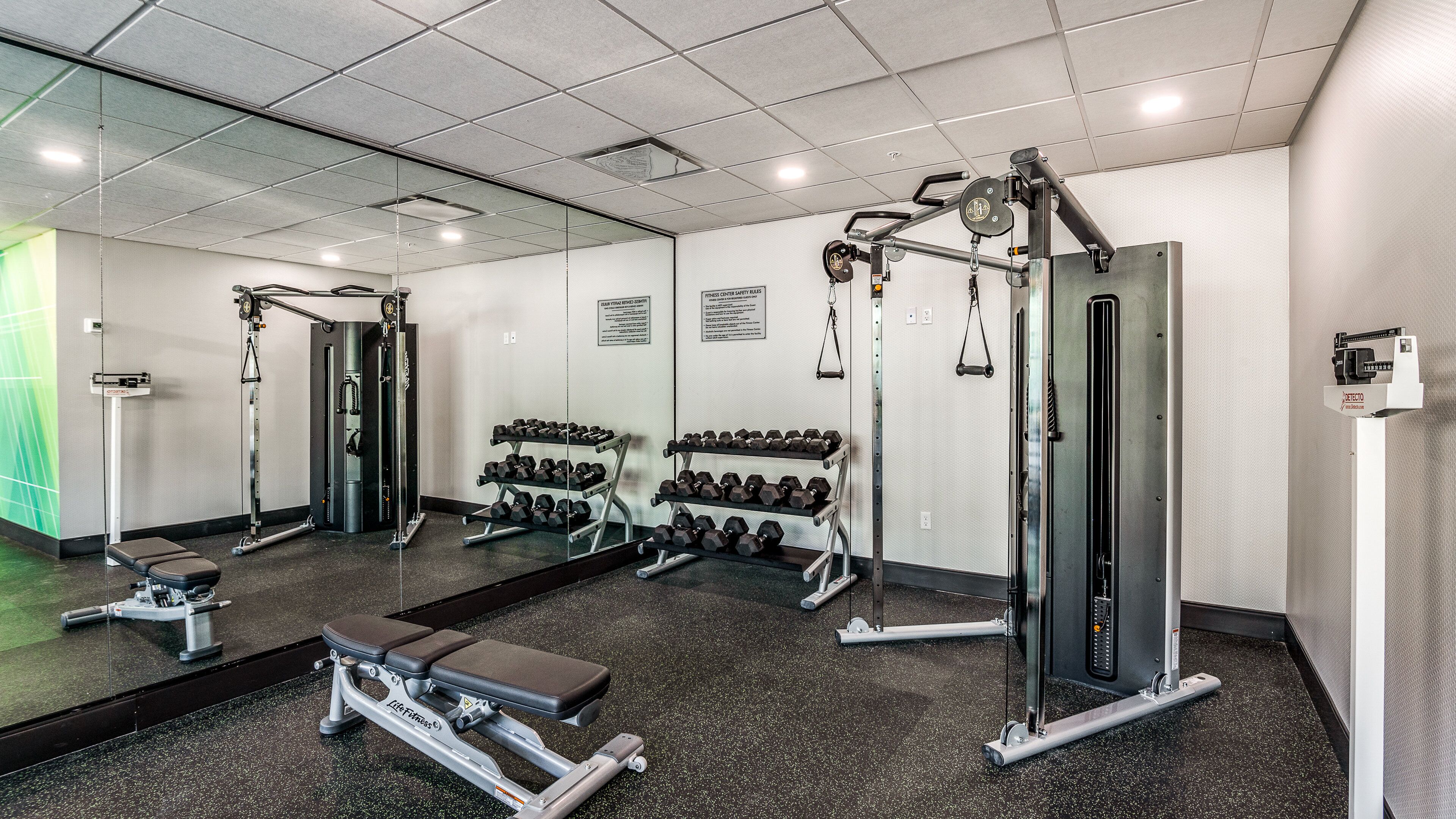 A gym with weightlifting equipment, dumbbells, and a bench.