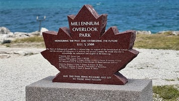 A stone monument with text commemorating Millennium Overlook Park, dedicated on July 1, 2000, with a view of the ocean in the background.