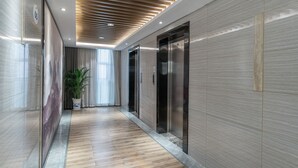 Un pasillo moderno con piso de madera, una planta en maceta y un ascensor de pared.
