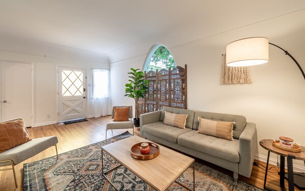 Smart TV, fireplace, books