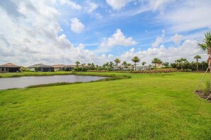 A grassy area with a pond, palm trees, and houses in the background.