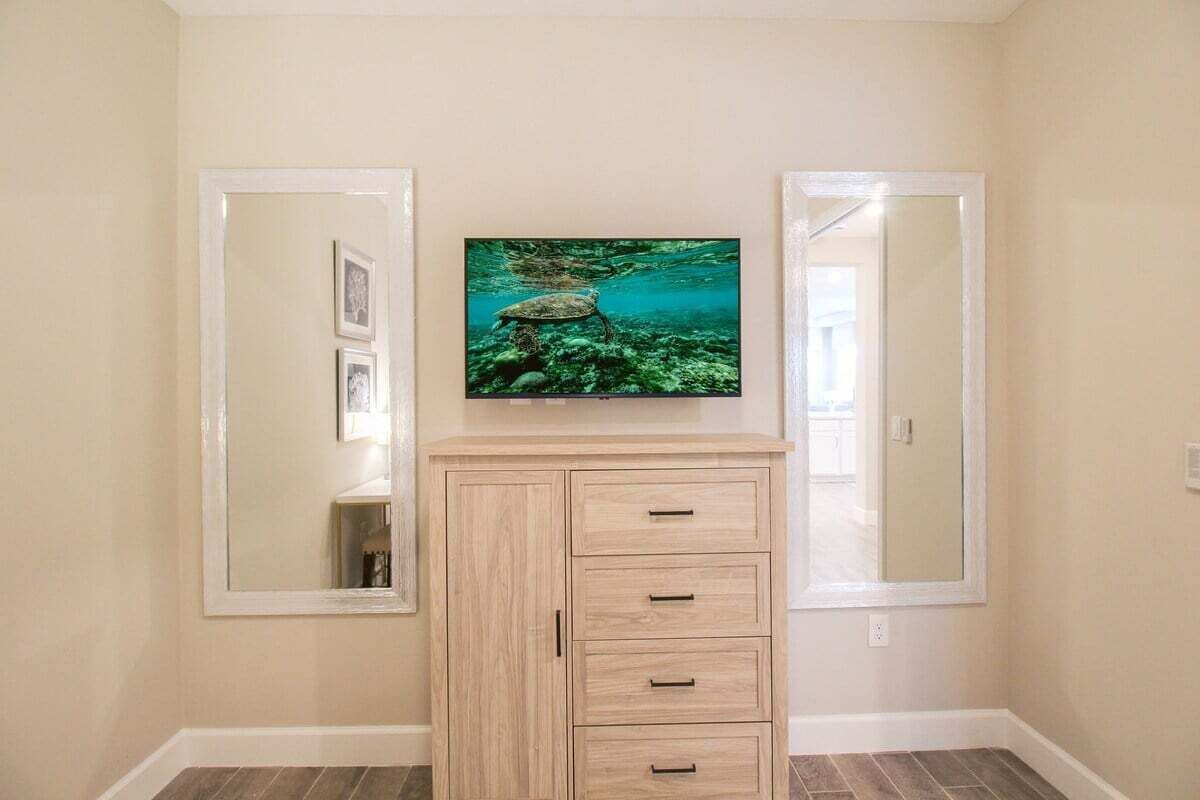 A room with a light wooden cabinet, a framed picture of a turtle, and a mirror on the wall.