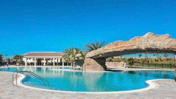 En swimmingpool med en klippe-bue, et overdækket pavillon og palmer.