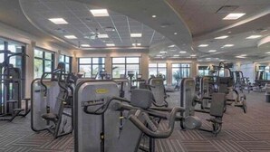 Et fitnesscenter med diverse træningsmaskiner, store vinduer og gulvtæppe.