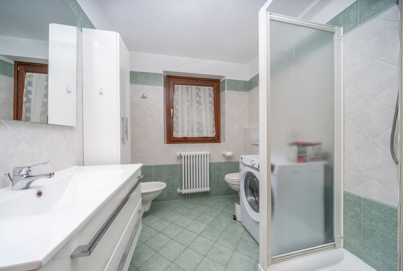 A bathroom with a sink, toilet, washing machine, and a shower area.