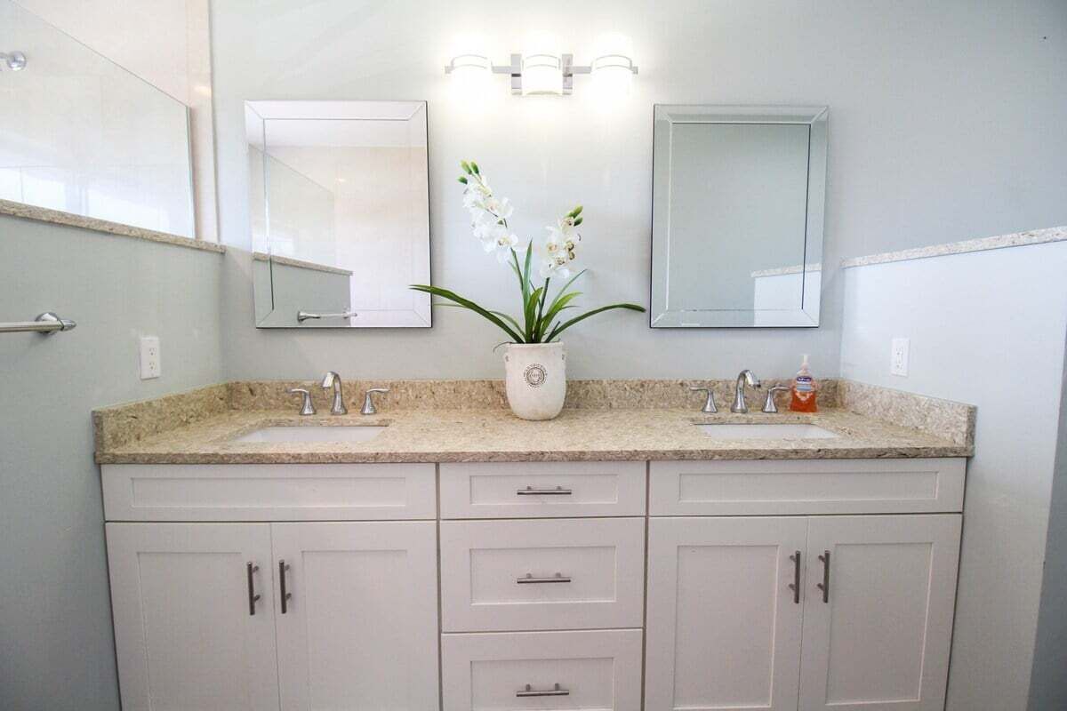 A bathroom with two sinks, a mirror, and a potted orchid.
