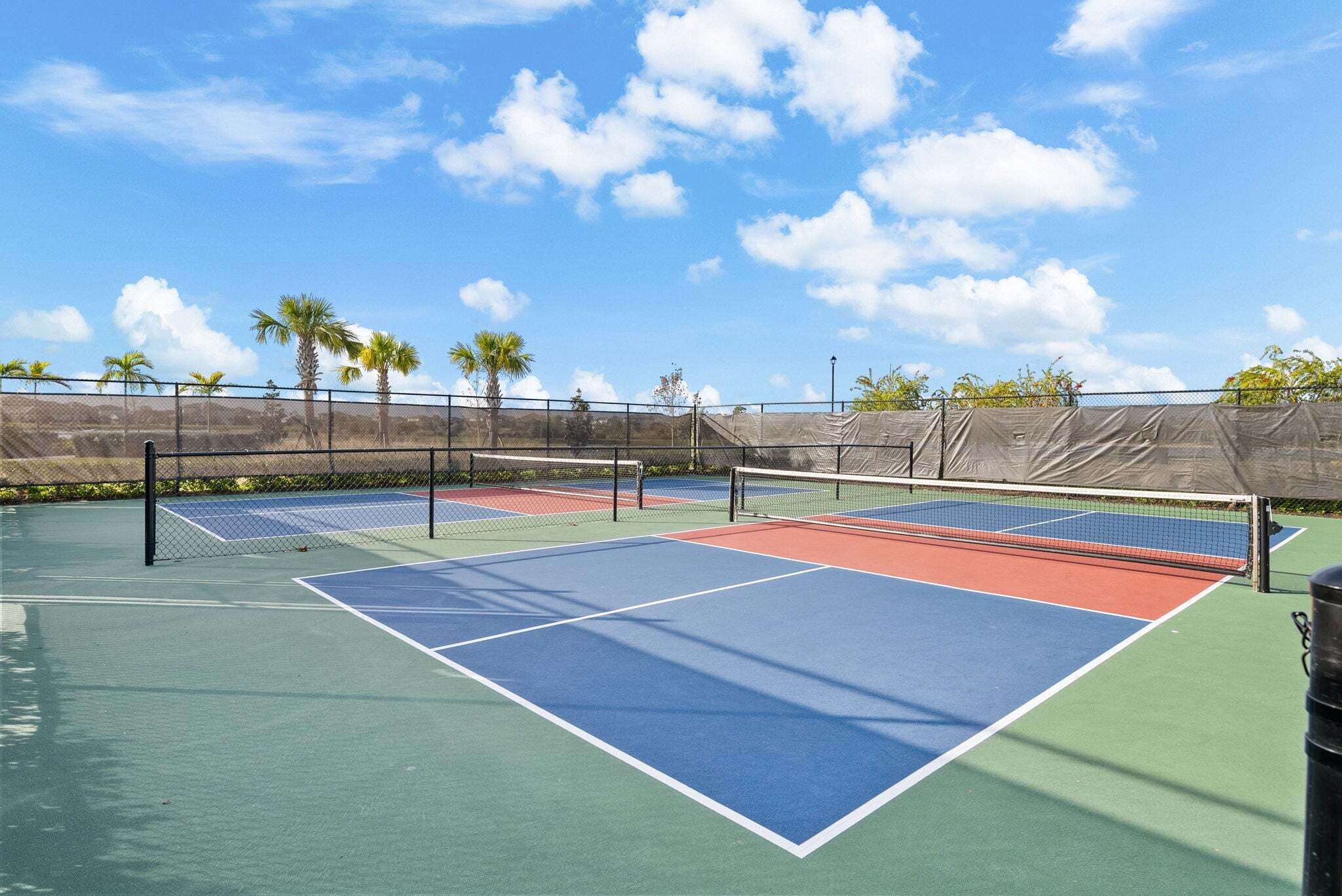A tennis court with a net, surrounded by a fence and palm trees.