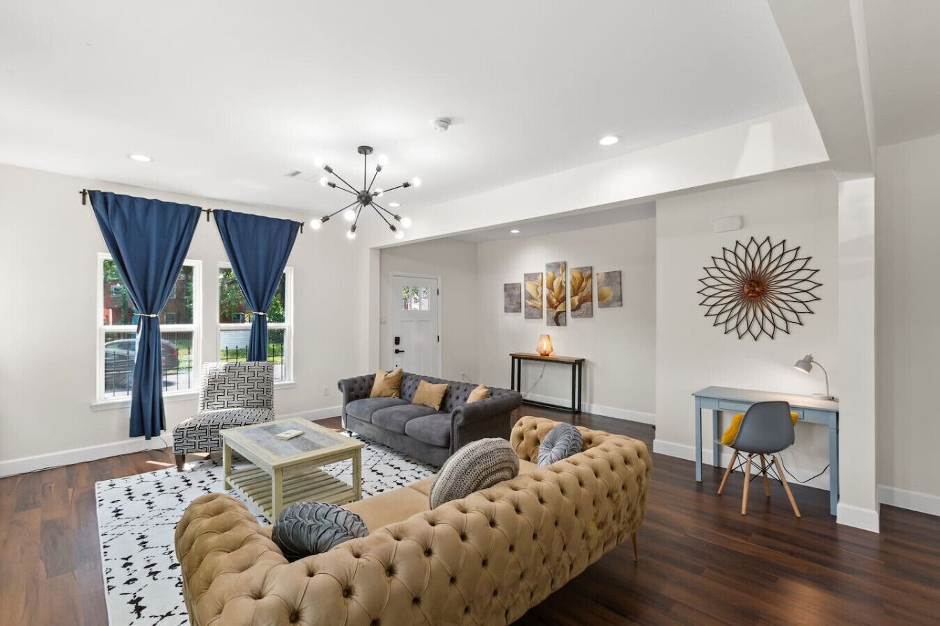 Smart TV, fireplace, table football, books