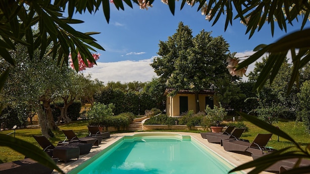 A rectangular swimming pool with lounge chairs and potted plants around it. - Villa Monacelli (Fano)