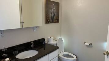 Jetted tub, hair dryer, towels, soap