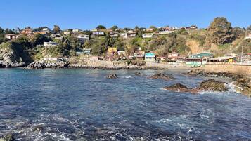 A coastal town with houses on a hillside, rocky shoreline, and clear blue sky.