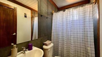 Shower, eco-friendly toiletries, hair dryer, towels