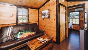 A cozy cabin interior with a leather sofa, a wooden coffee table, and a framed picture on the wall. - Tiny Cabin At The Pond
 (Stanton)