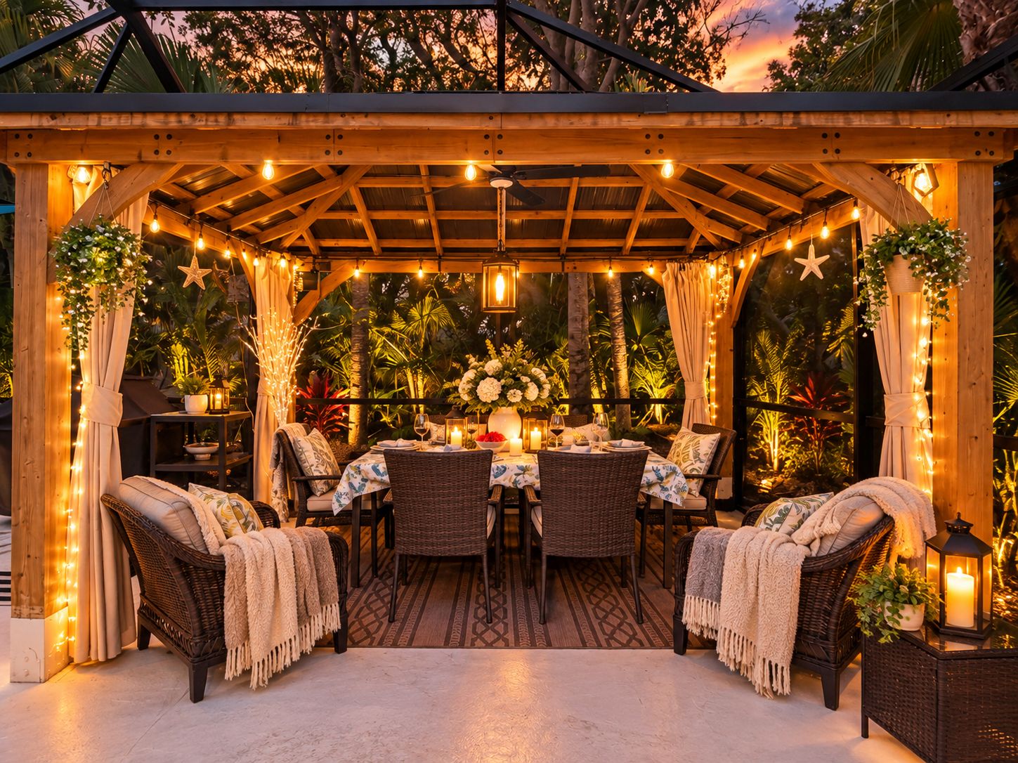 An outdoor patio with a wooden pergola, string lights, wicker furniture, and a table set for dining.