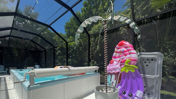 Ein Poolbereich mit einer weißen Couch, einer Topfpflanze und einem bunten Schwimmspielzeug.
