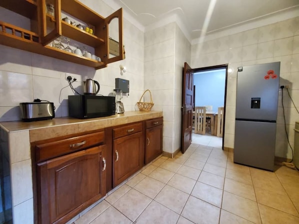 Fridge, microwave, oven, electric kettle