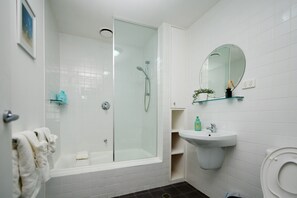 Eco-friendly toiletries, hair dryer, towels, soap